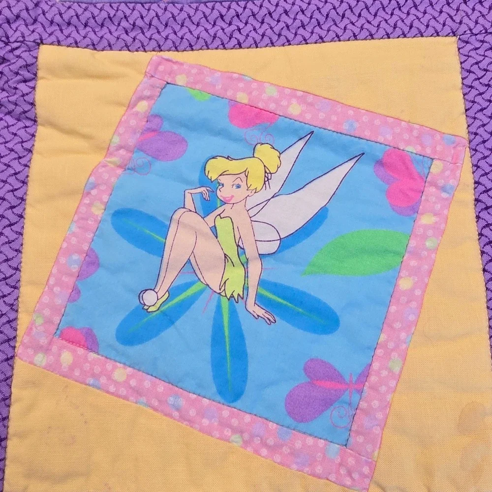 Disney Tinker Bell Handmade Quilt Blanket Fairy Patchwork Purple Yellow 55x46